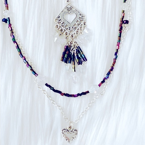 Jewelry Set With Silver Boho Heart And Multicolor Glass Beads - Picture 3 of 7